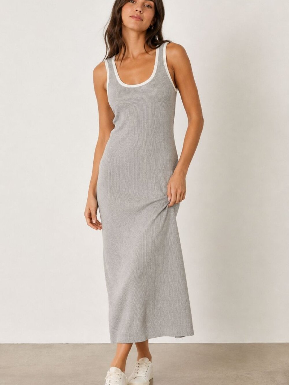 Caroline Constas Ribbed Maxi Dress Contrast Trim Gray White Size XS
